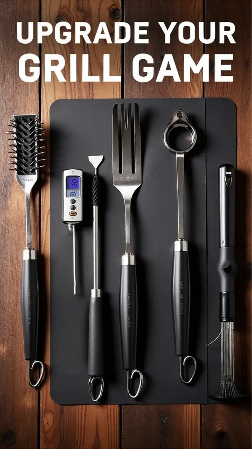 Set of 5 essential BBQ tools for grill masters, including grill brush, meat thermometer, grill mat, BBQ apron, and cleaning brush. Key grilling accessories for men.