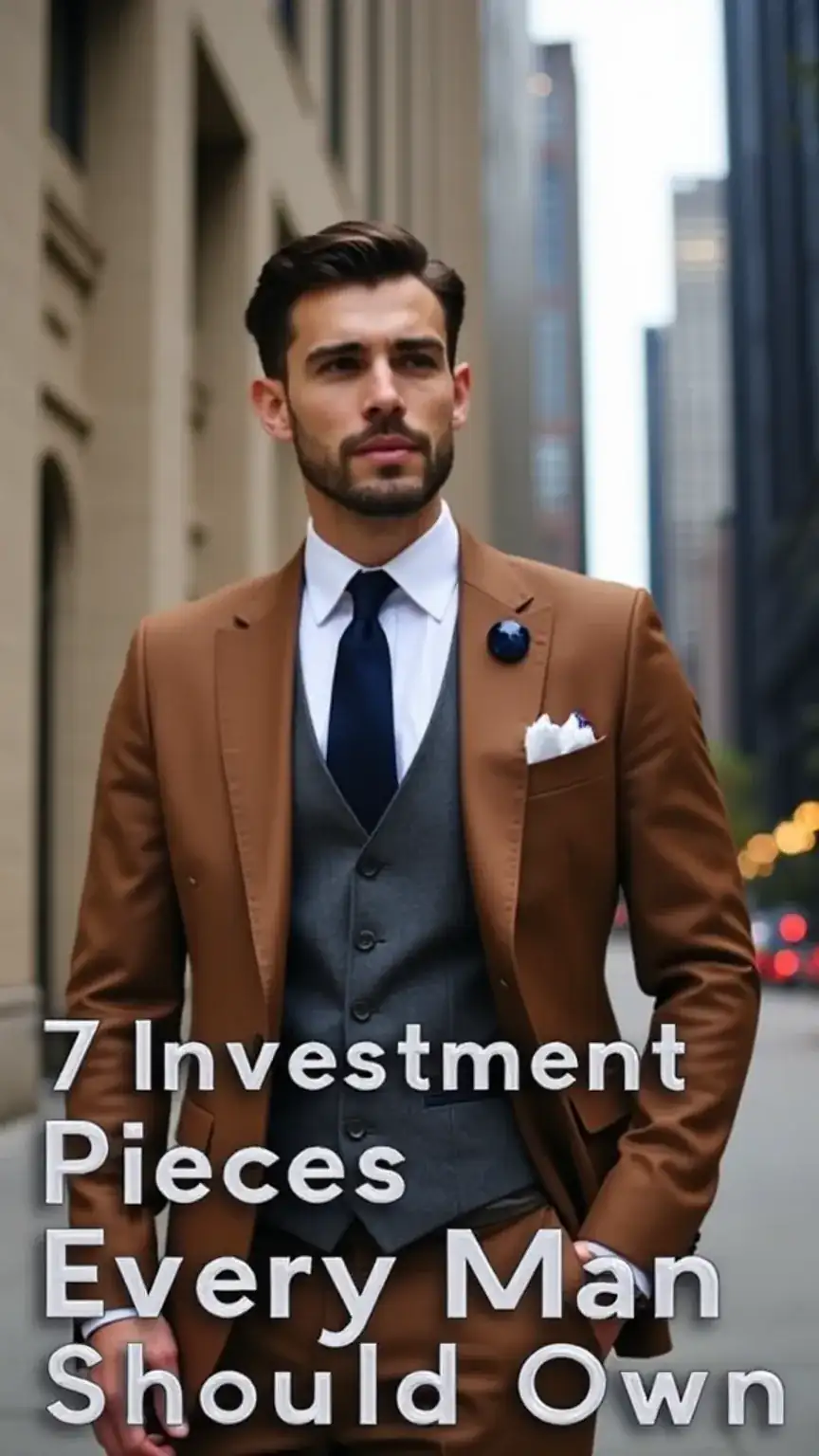 Stylish man in suit, cityscape background. Investment wardrobe, men's style essentials, quality menswear, men's fashion, suits, coats, shoes.