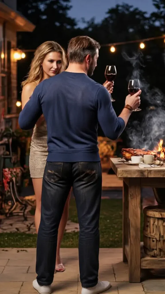 Back view of a muscular man in navy sweater grilling ribs, with partner holding wine glass under string lights, rustic table set for dinner