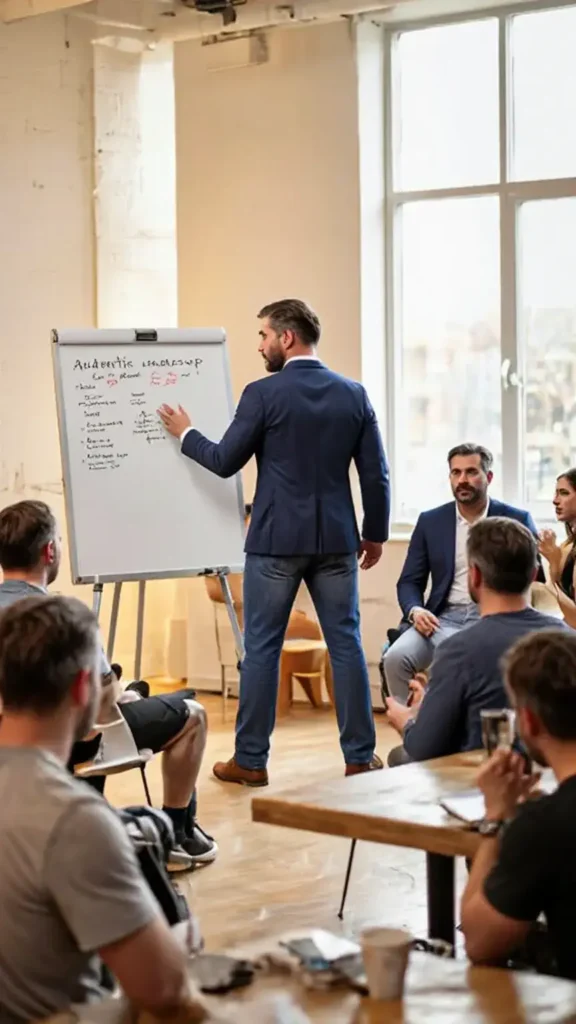 Back view of a man in navy blazer teaching at a whiteboard in a sunlit studio, diverse audience taking notes with coffee cups on tables