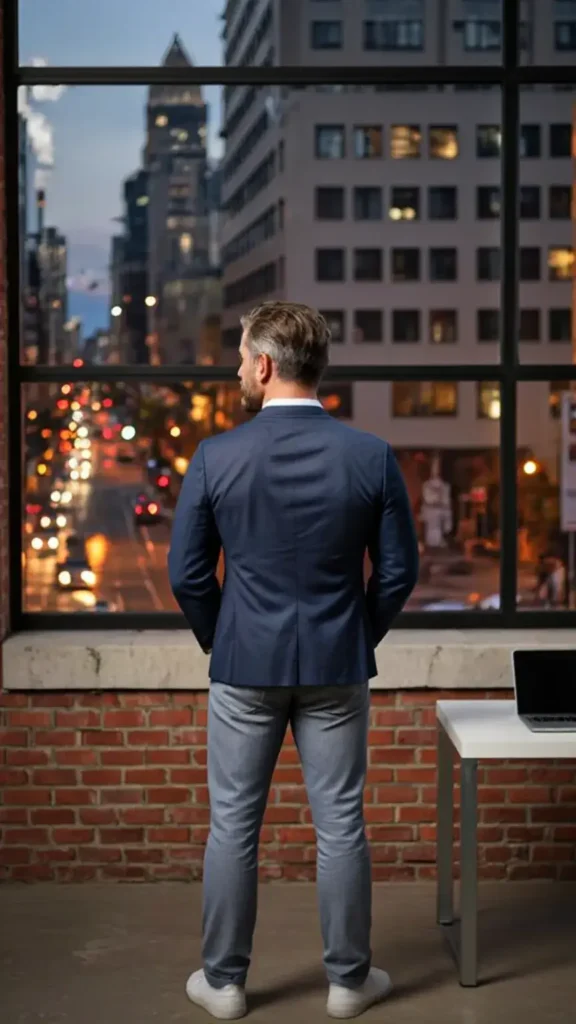 A 50-year-old man with salt-and-pepper hair stands with his back turned, wearing a navy blazer and jeans, looking through floor-to-ceiling windows at Detroit’s skyline at dusk.