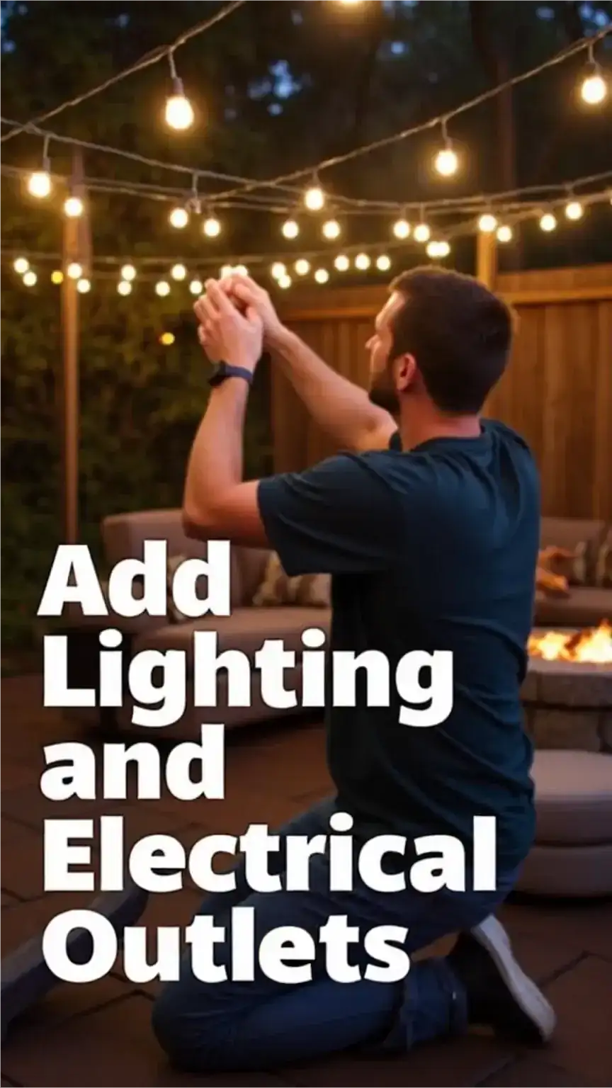 Man installing patio string lights and a fire pit, creating ambiance. Patio lighting, outdoor electrical, backyard ambiance, outdoor living.