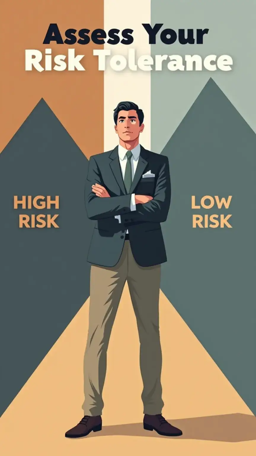 Visual representation of risk tolerance in investing for men, showing high risk vs. low risk options. Keywords: investing for beginners, men's finance, risk assessment, investment choices, financial planning.