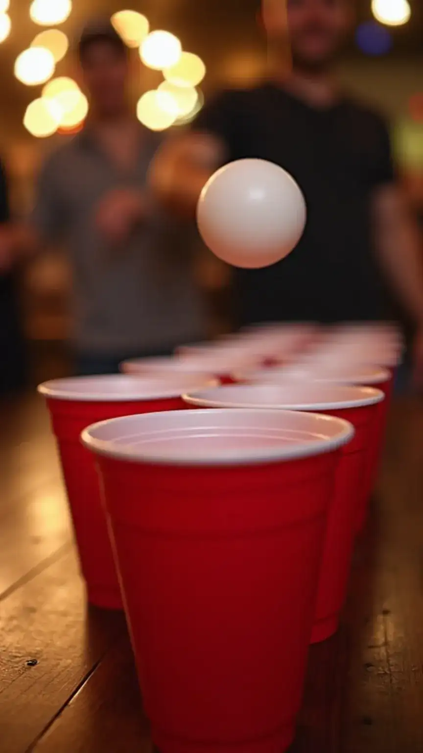 Beer pong game for guys' night, classic party game, hosting men's night ideas, drinking games for friends.