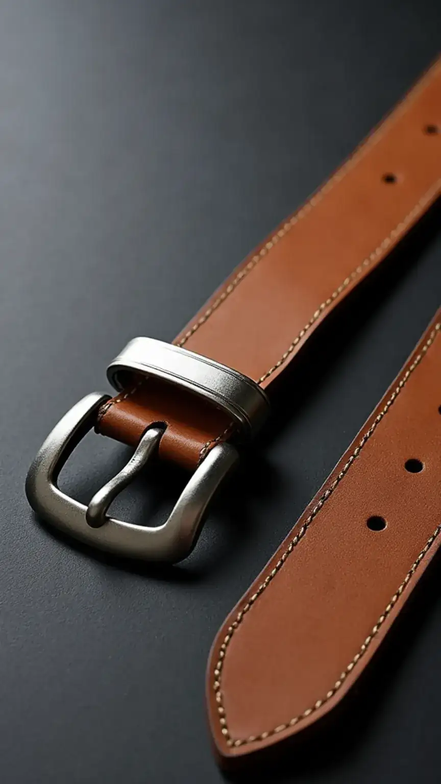 Close-up of a man's leather belt, showing material, buckle, and belt holes. Anatomy of a great belt for men's styling.