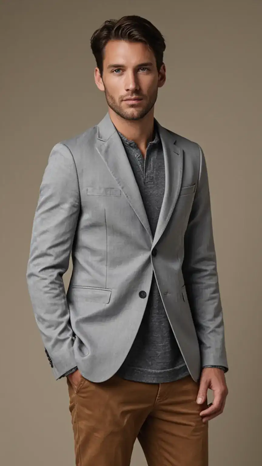 Man wearing a lightweight blazer, showcasing versatility for work and play. Men's fashion, office casual, smart casual style.