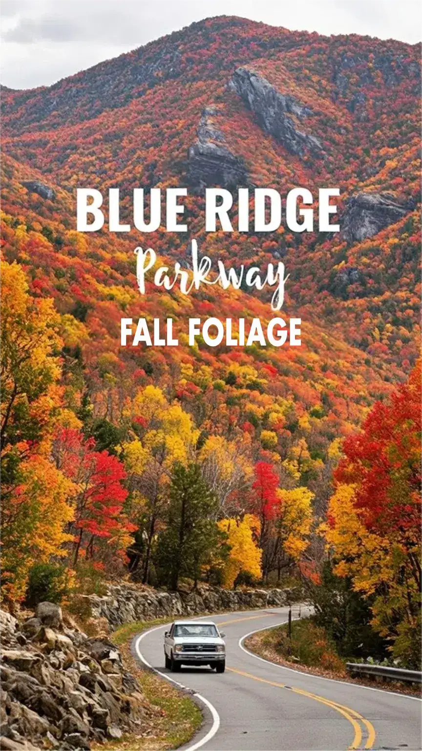 Blue Ridge Parkway road trip for men in autumn, showcasing vibrant fall foliage, winding mountain roads, and scenic vistas. Best USA weekend road trips.