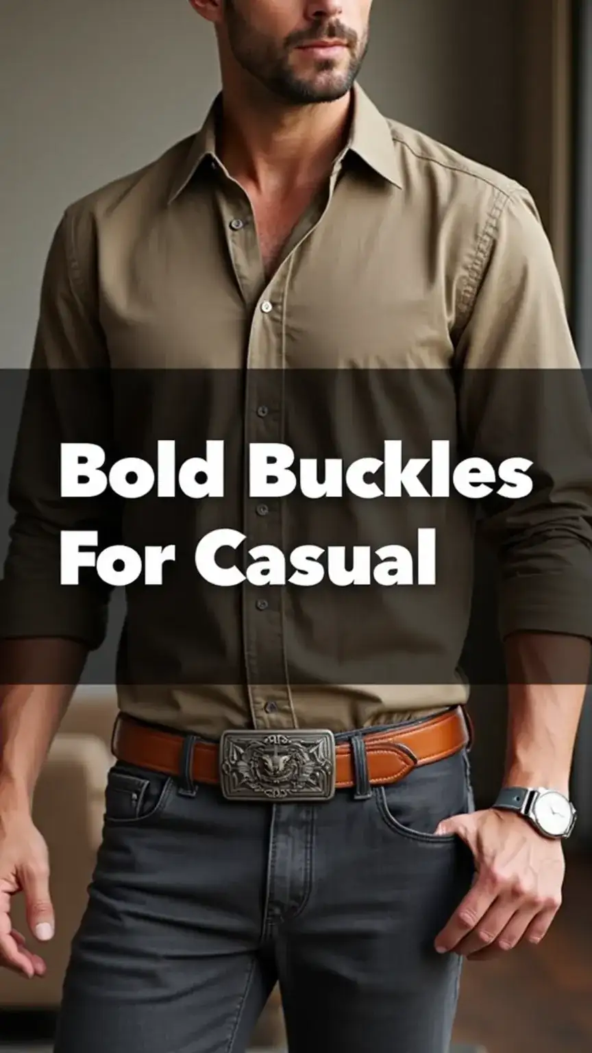 Men's casual outfit featuring a belt with a bold, statement buckle. Belt styling tips for adding personality.