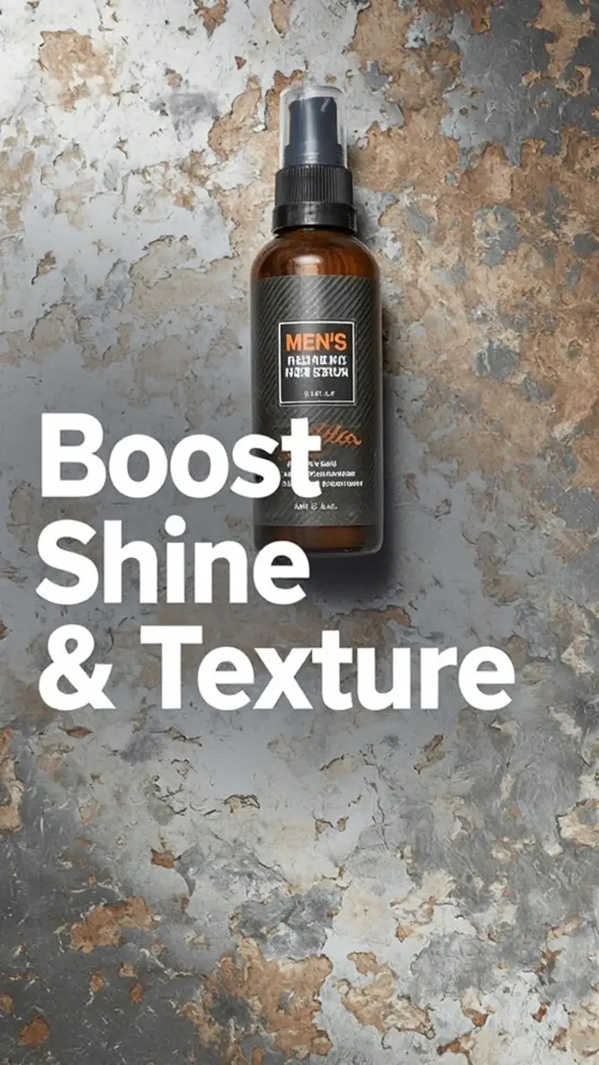 Product shot of men's hair serum, promoting shine and texture for short hairstyles. Keywords: men's hair serum, shine enhancing products, texture boosting hair products.
