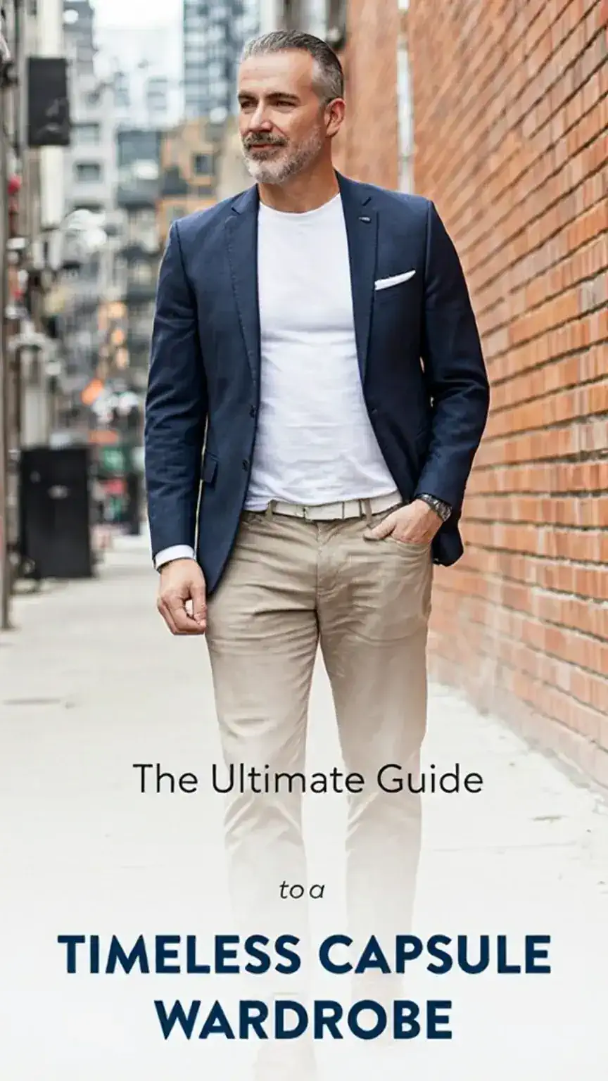 Stylish man in his 40s wearing a timeless outfit — jeans, white t-shirt, and navy blazer — in an urban setting
