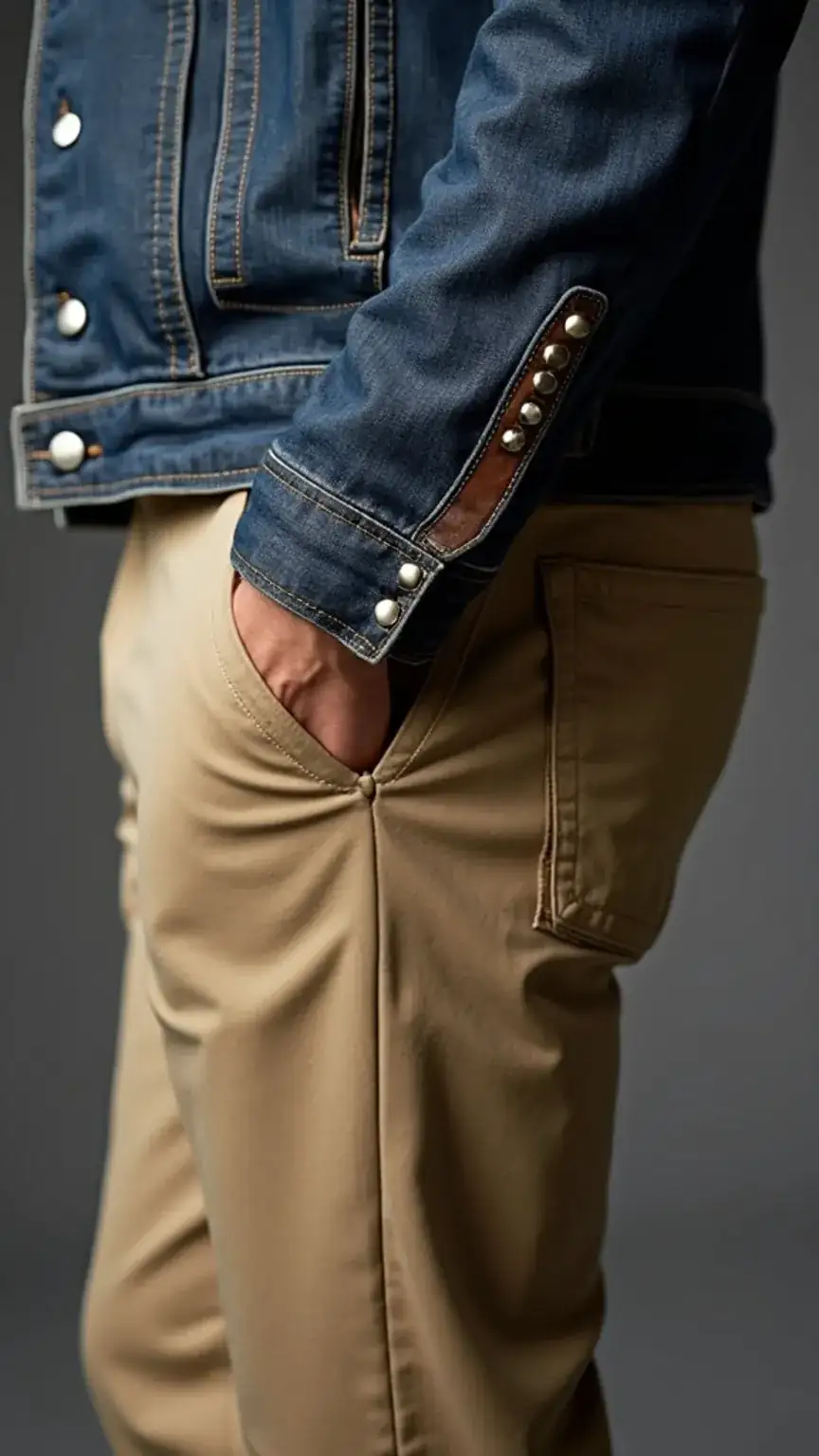Close-up of chinos and a denim jacket, versatile clothing items for men's work and play wardrobe. Men's style, casual wear, office casual.