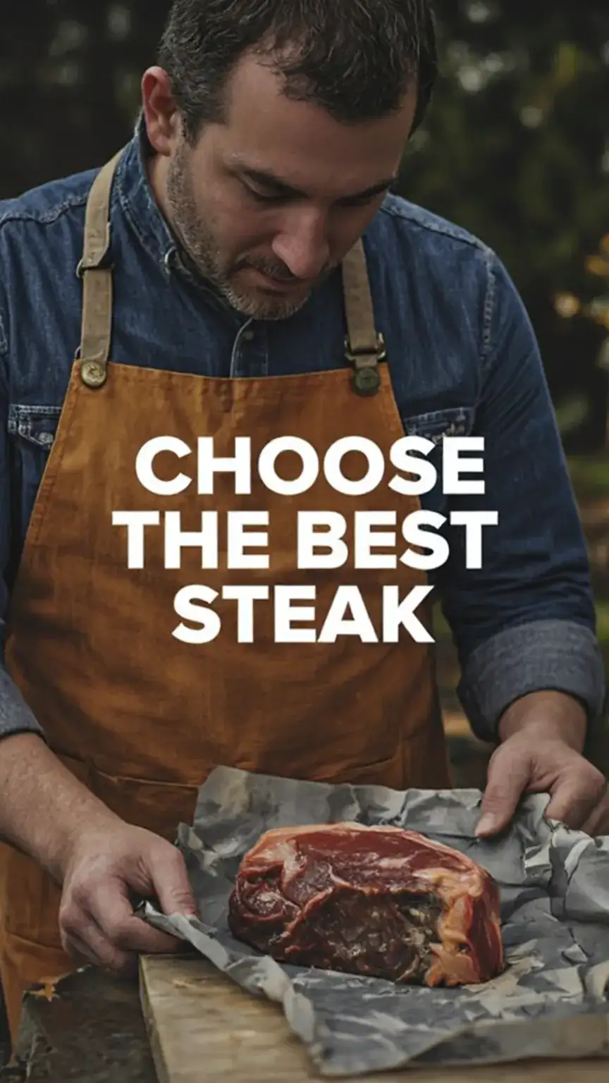 Man selecting thick ribeye steak for grilling, best steak cuts for outdoor cooking. How to grill steak guide.