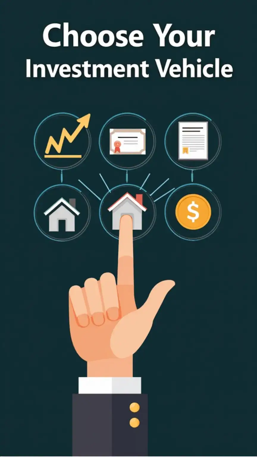 Man selecting investment vehicles like stocks, bonds, real estate, and crypto. Keywords: investing for beginners, men's finance, investment options, stock market, bonds, real estate investing, crypto.