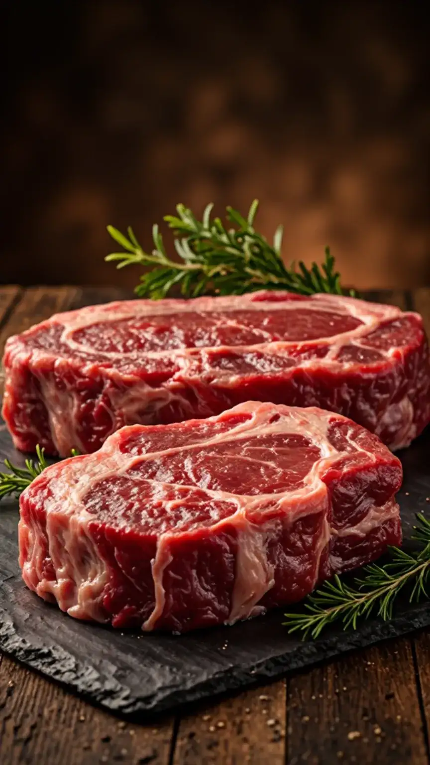 Choosing the right cut for grilling steak, featuring thick-cut ribeye and strip loin steaks with good marbling. BBQ tips, perfect steak.