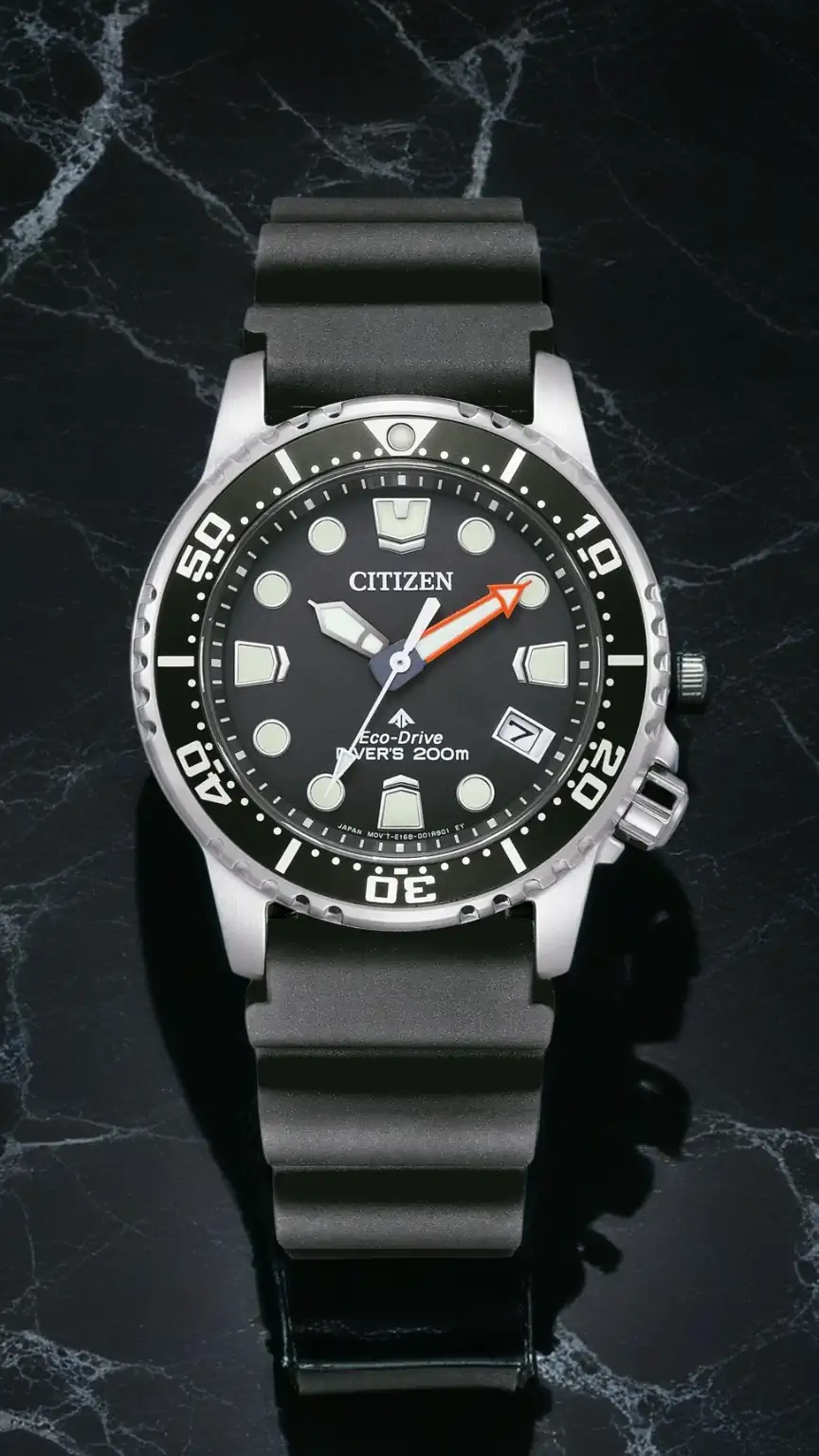 Citizen Promaster Diver Eco-Drive watch with black bracelet on black background – ISO-certified 200m water-resistant dive watch