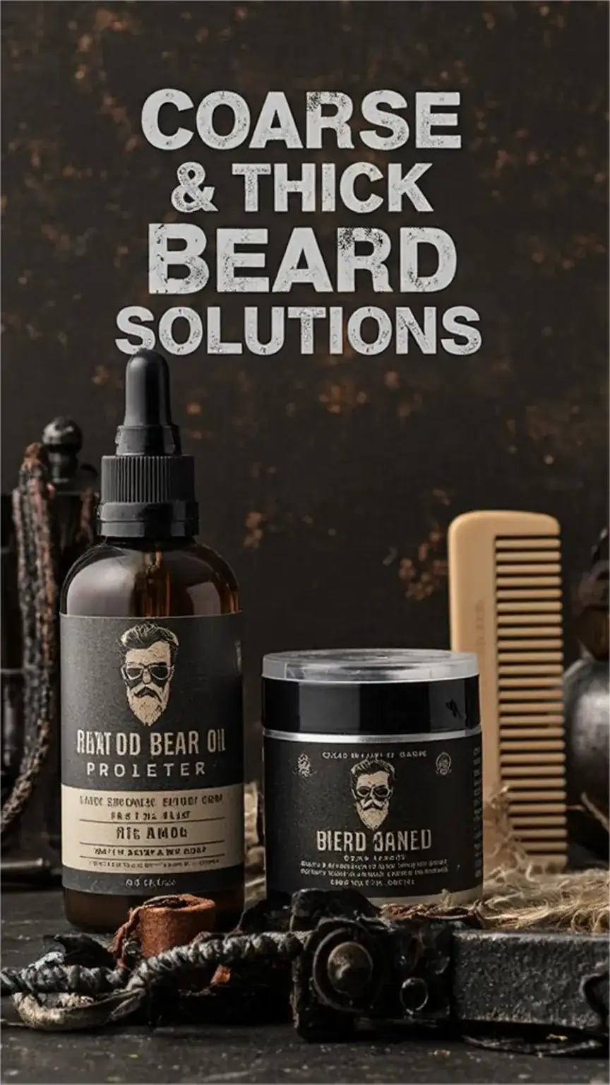 Beard care essentials for coarse and thick beards, including beard oil, balm, and a comb, for deep conditioning and control.