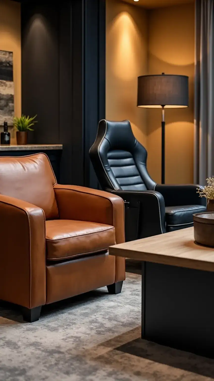 Comfortable man cave furniture: leather armchairs, gaming chairs, and coffee tables for ultimate relaxation.