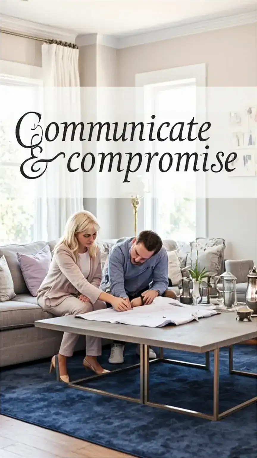 Couple planning their shared living space, illustrating communication and compromise for effective home organization and relationship advice.