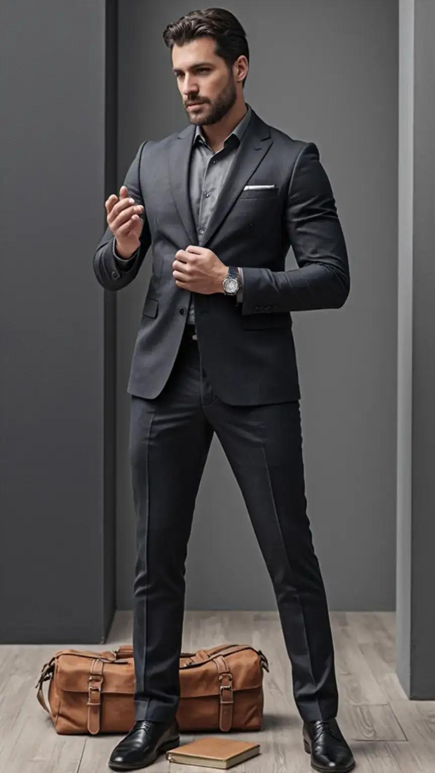 Confident man in tailored suit, sophisticated setting. Men's suits, investment wardrobe, quality menswear, business attire, men's fashion.