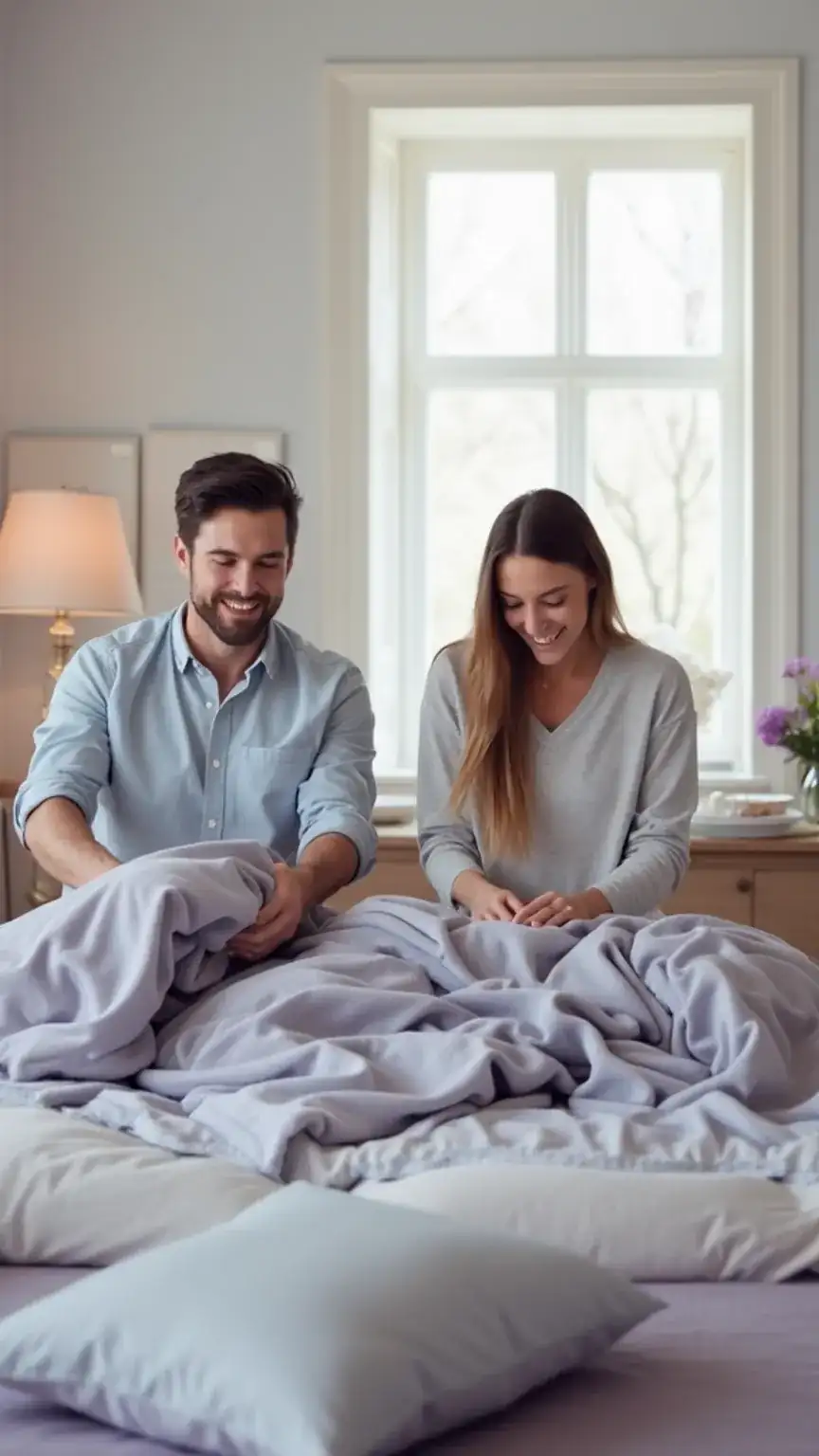 Couple maintaining a shared living space, emphasizing teamwork and home organization for a harmonious living together experience.