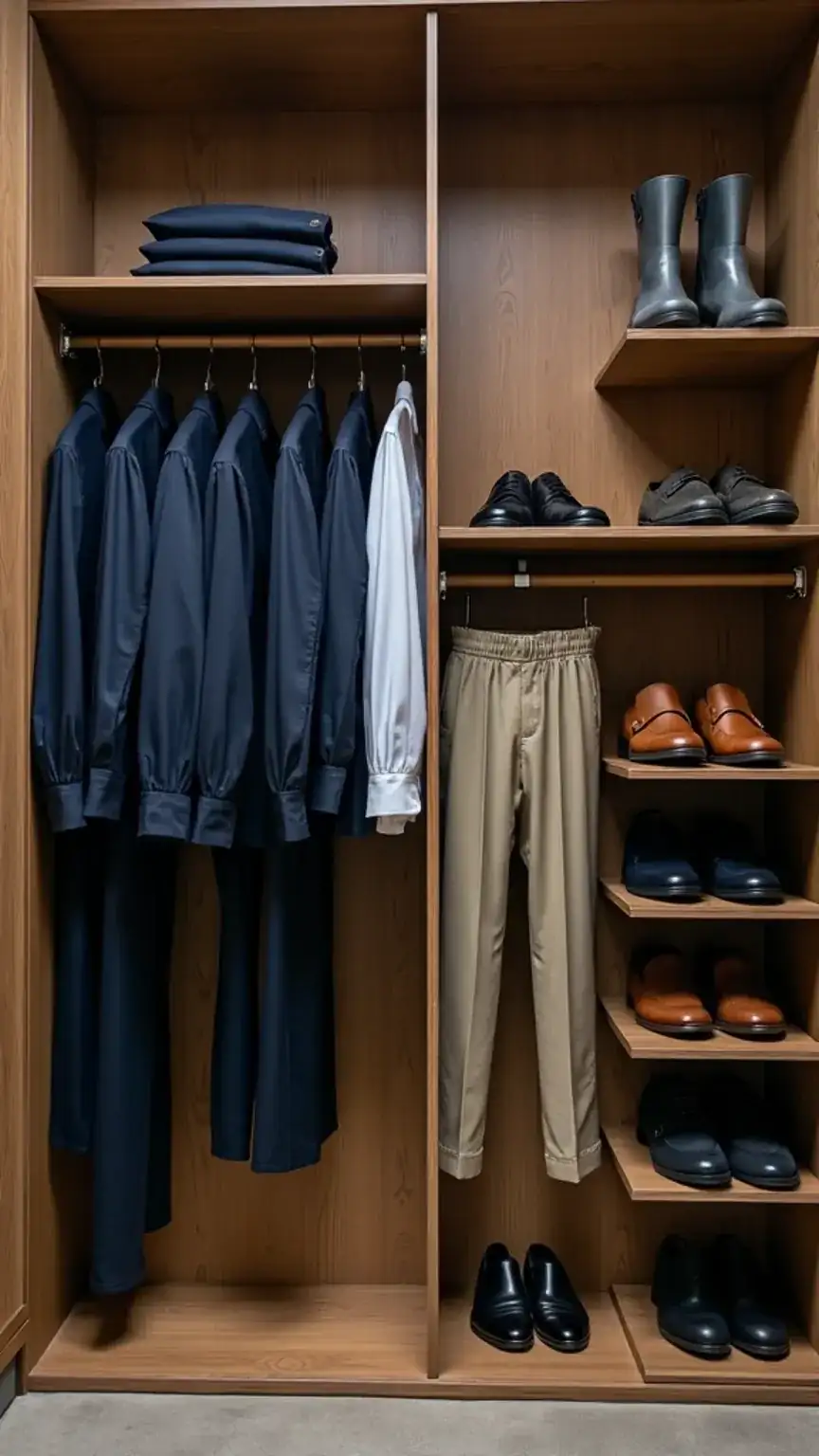 Organizing a minimalist men's wardrobe by type and color for a curated, functional closet space.