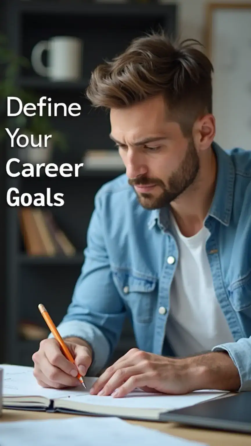 Man defining career goals for professional growth. Skill development strategy for career advancement. Setting objectives for success.