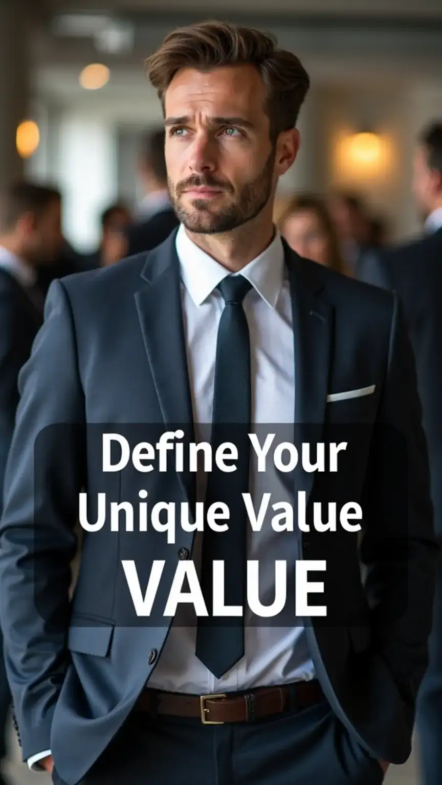 Man in suit defining his unique value proposition, personal branding introduction, career advancement, professional development, personal brand strategy, men in business.