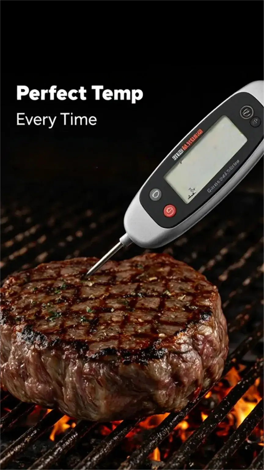 Digital meat thermometer showing perfect temperature for steak. Essential grilling tool for ensuring meat is cooked perfectly, best BBQ accessories.