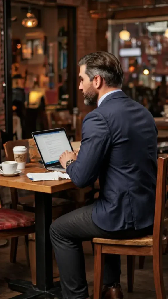 Back view of a man in navy blazer working at a café table with laptop, coffee, and legal notepad in a Connecticut café
