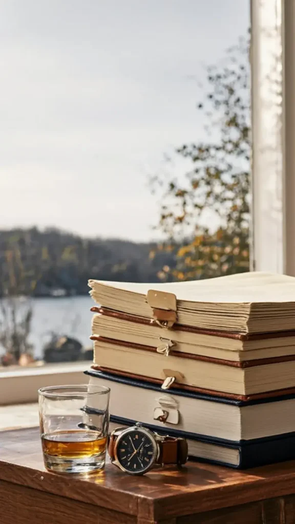 Stack of legal documents on a wood desk with vintage watch and whiskey glass, Connecticut landscape through window in navy-toned office