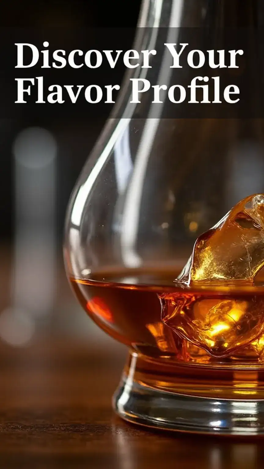 Close-up of a whiskey glass with aromatic notes visualized, guiding beginners on discovering whiskey flavor profiles, whiskey tasting.