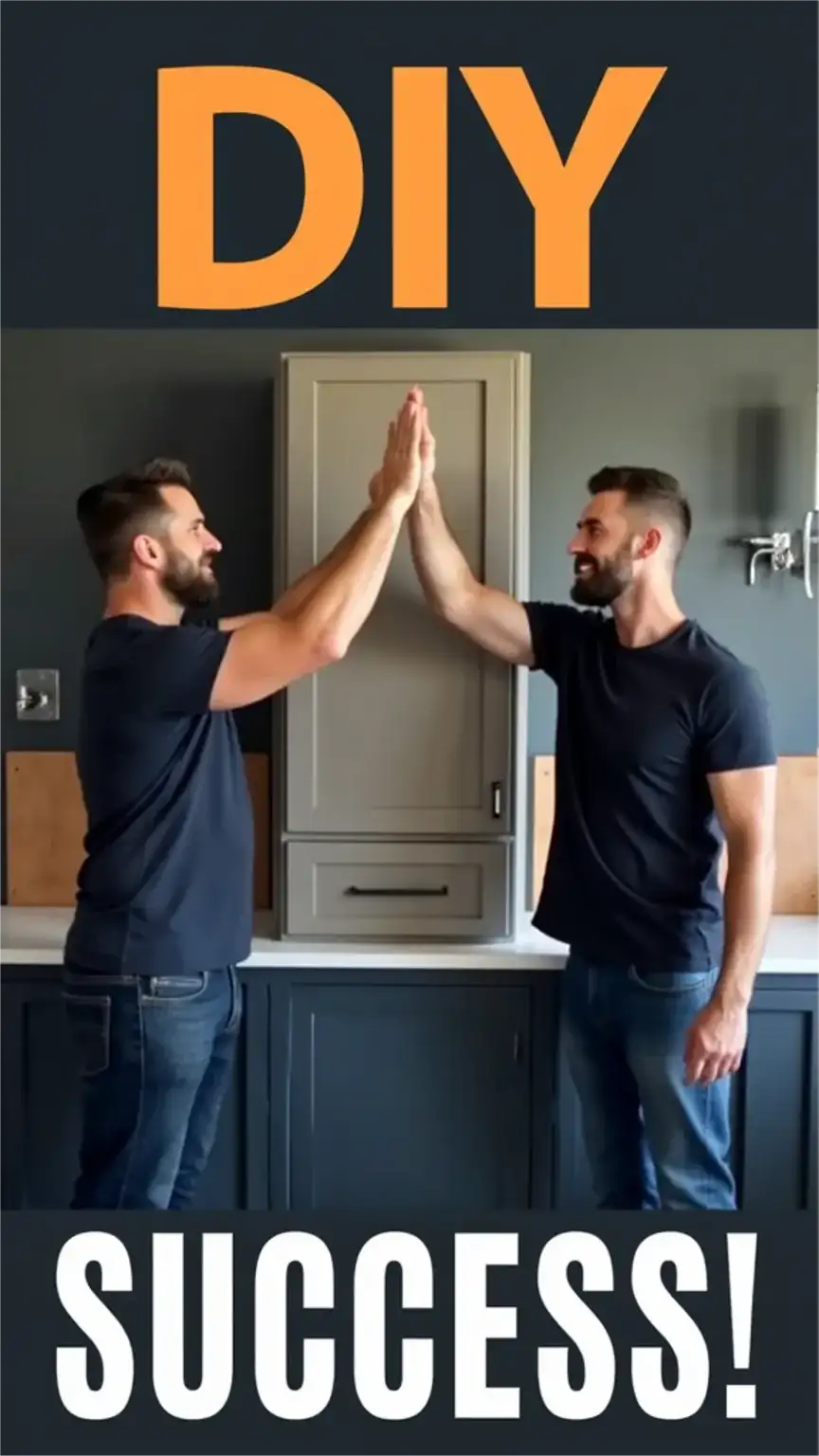Men celebrating DIY home repair success, household fixes and home maintenance achievements.