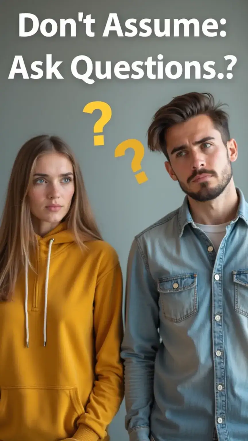 Couple looking confused, avoiding assumptions, asking questions in relationships, partnership communication, relationship advice.