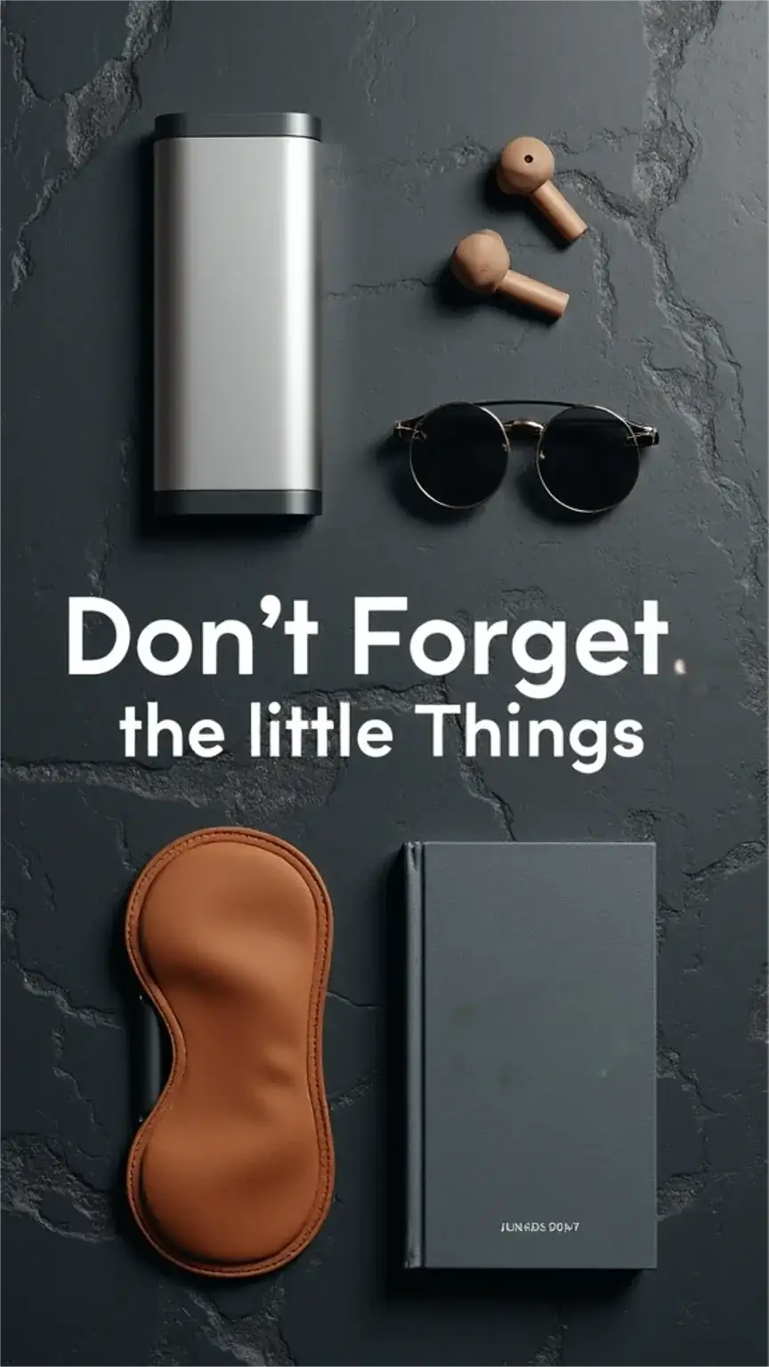 Essential small travel items for men: power bank, earplugs, eye mask, guidebook. Packing essentials for travel. Keywords: travel gear, travel accessories, packing tips, men's travel.