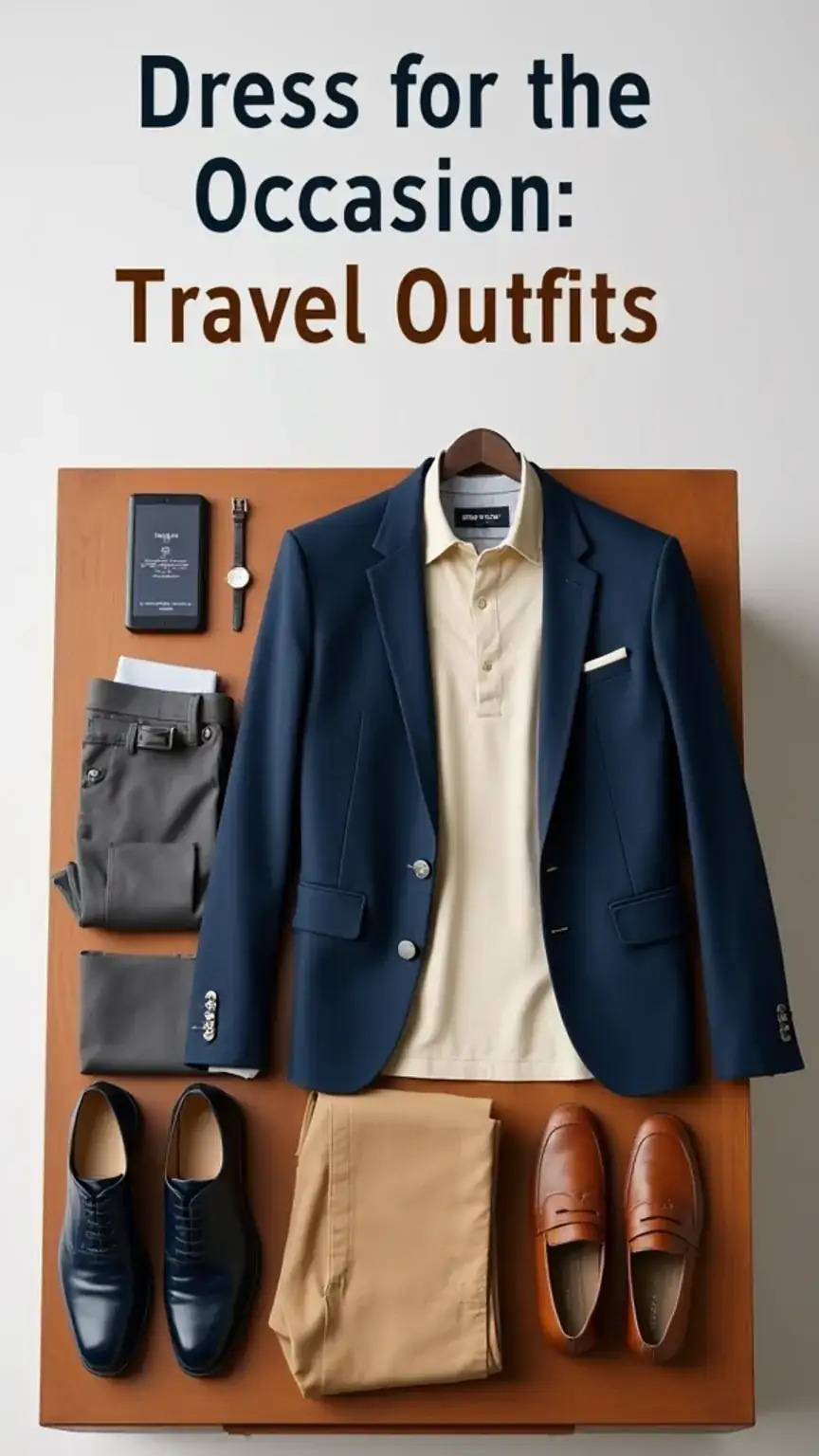 Men's travel outfits laid out neatly. Packing smart clothing for different occasions. Keywords: travel outfits, men's fashion, packing clothes, travel style.