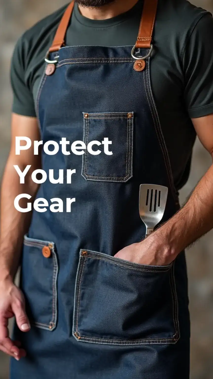 Durable BBQ apron protecting clothes from grease. Essential grilling apparel and accessories for grill masters.