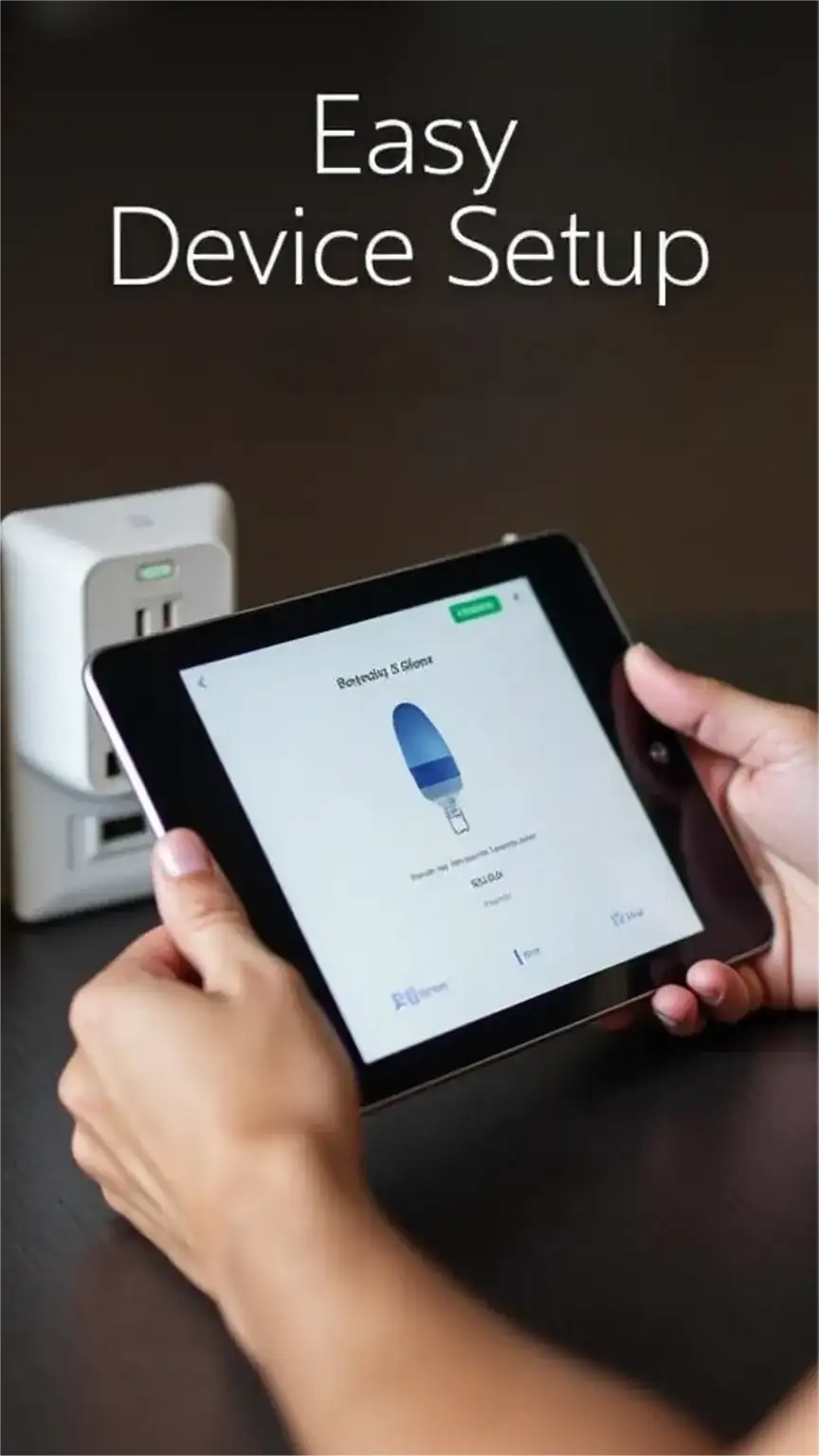 Setting up smart home devices, following instructions on a tablet. Simple smart home setup guide, automate your home, smart living technology for beginners.