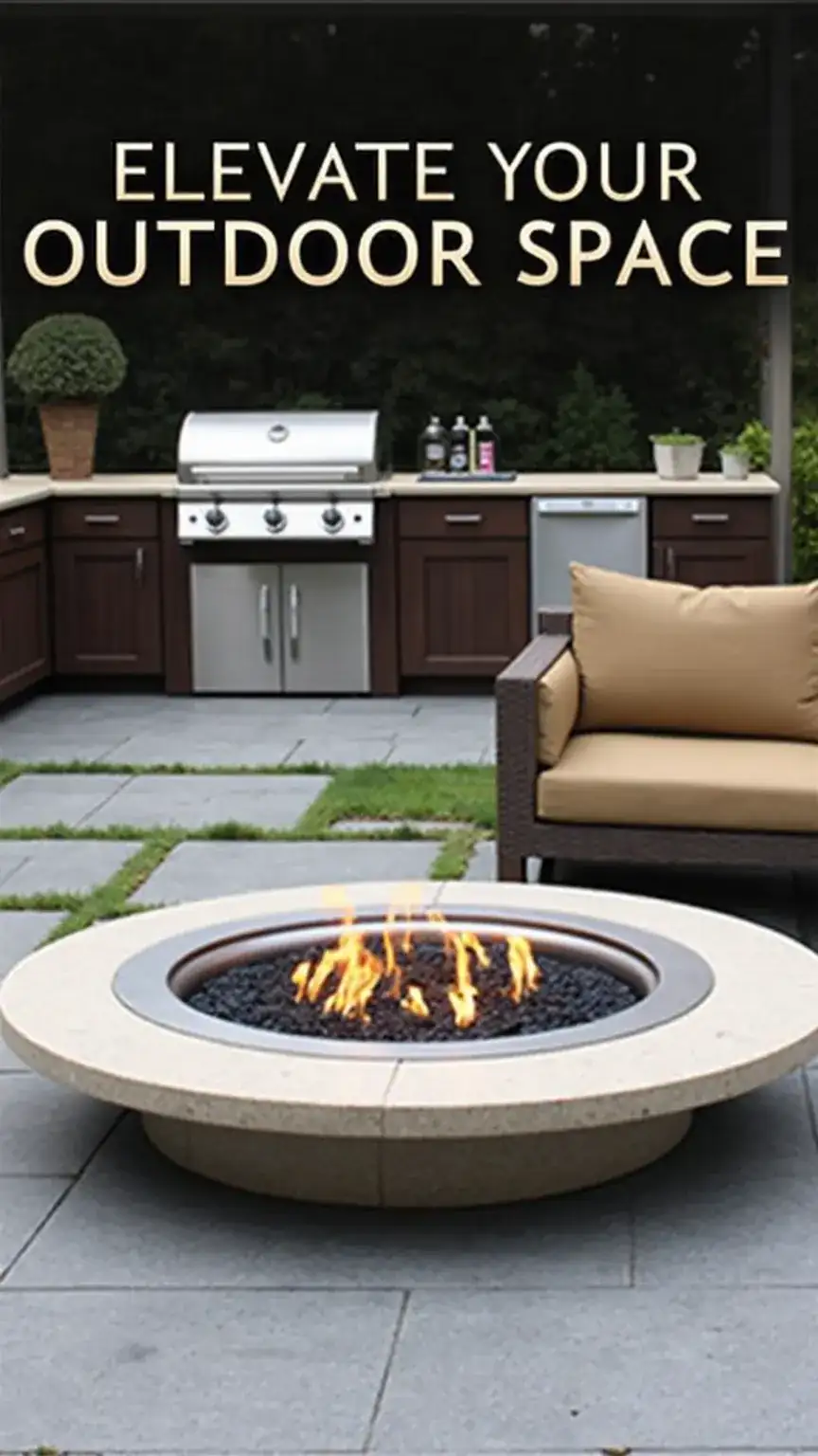 Elevated outdoor space with fire pit and outdoor kitchen, best patio furniture, durable outdoor furniture, patio comfort for entertaining.