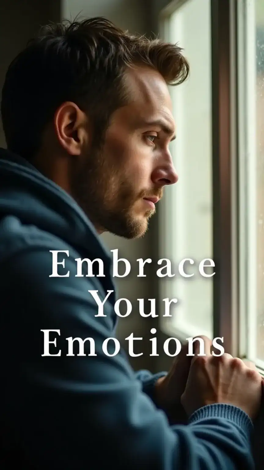 Man embracing emotions and vulnerability, part of redefining masculinity. Modern man showing feelings, emotional intelligence, authentic self. 9:16 ratio for Pinterest.