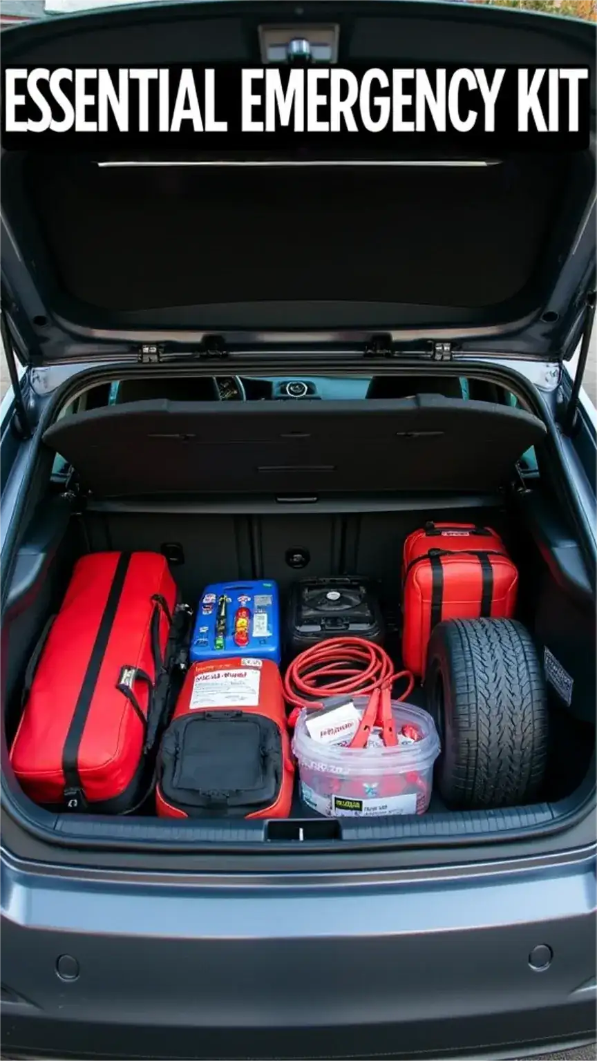 Road trip emergency kit for men, featuring essential car supplies like jumper cables and a flashlight. Safety tips for the best USA weekend road trips.