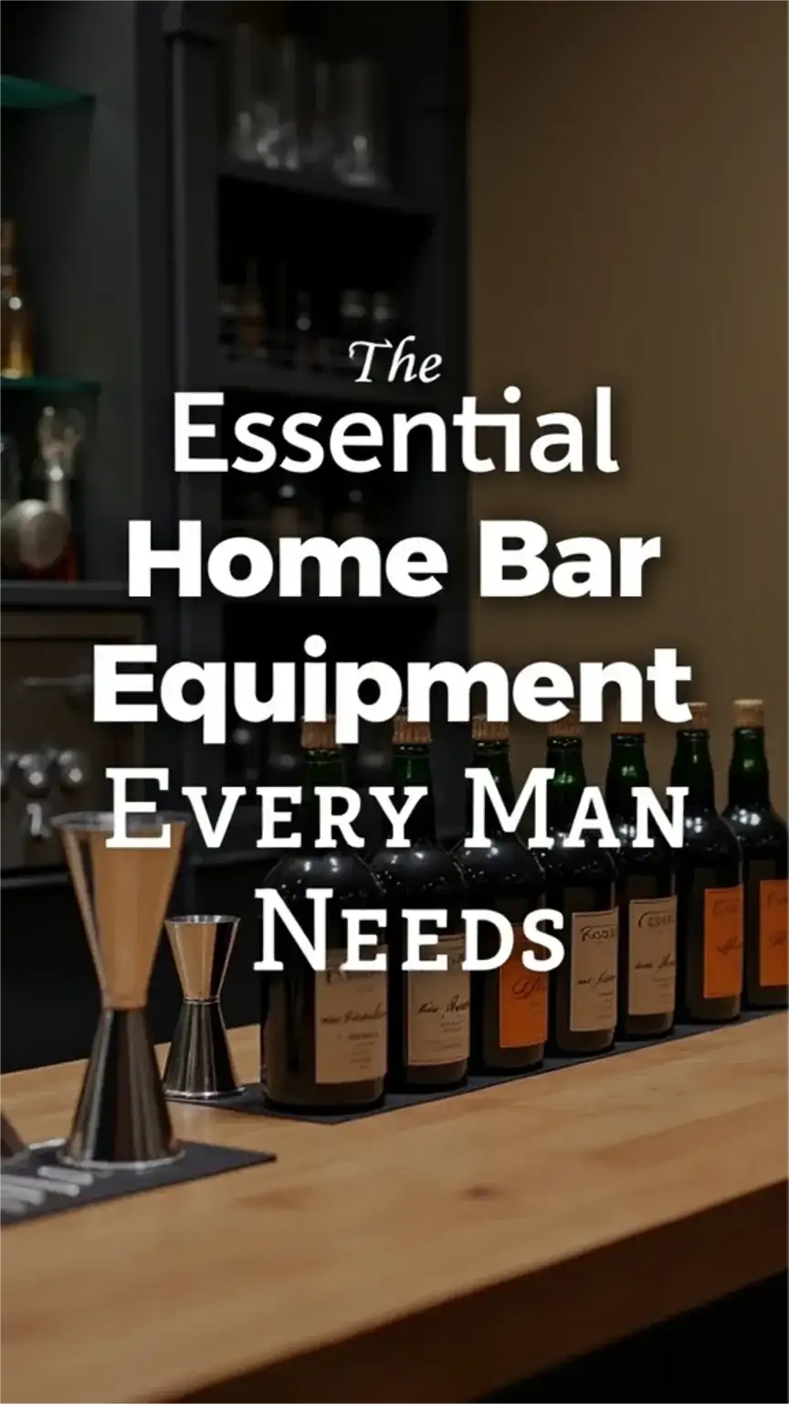 Cover image for 'The Essential Home Bar Equipment Every Man Needs' blog post, showcasing a masculine home bar setup with essential cocktail tools.