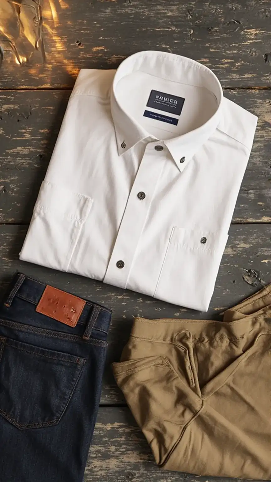 Flat lay of essential men's clothing items: white shirt, dark jeans, and leather belt. Versatile wardrobe staples for work and play, office casual outfits, men's style.