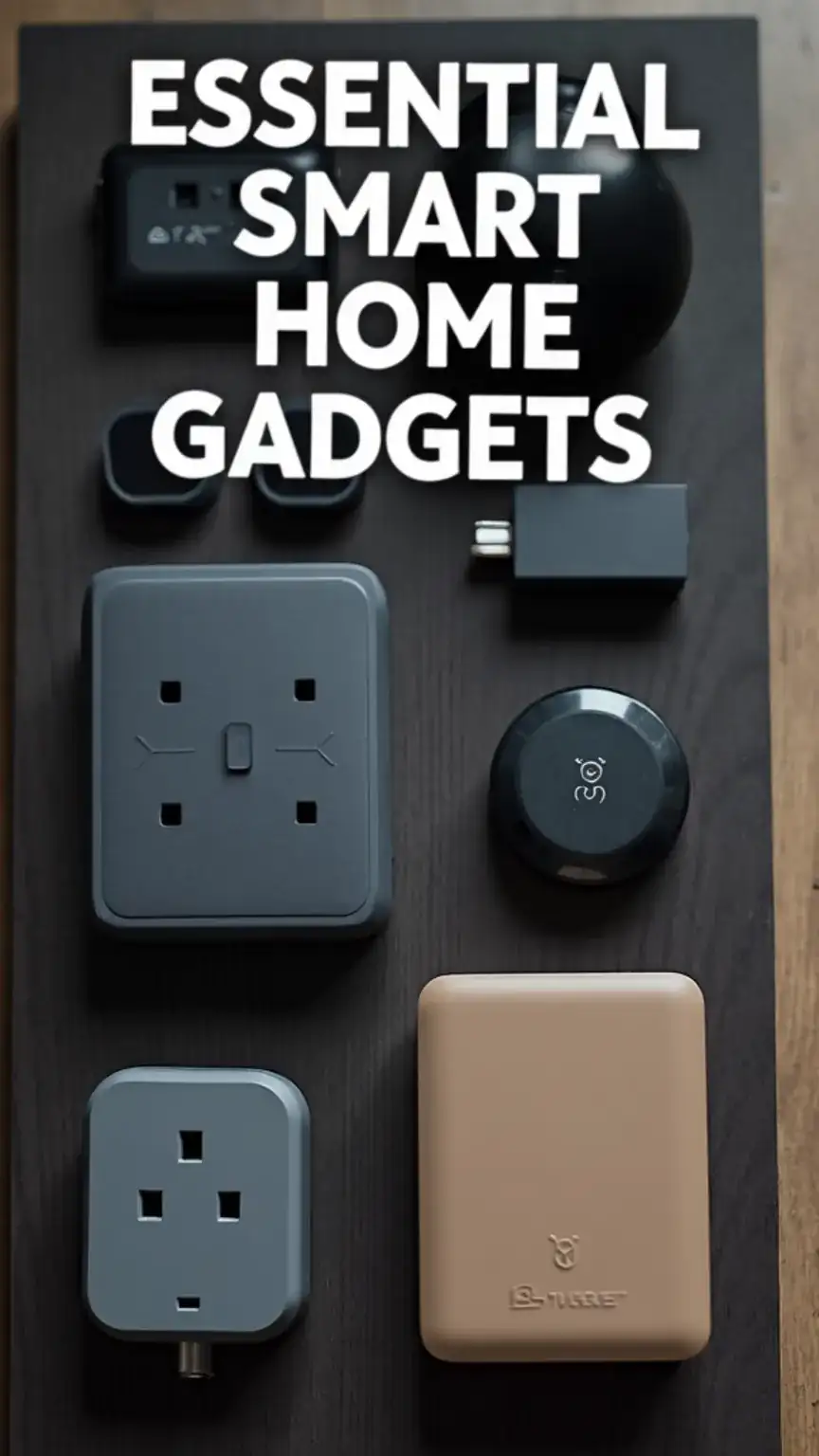 Collection of essential smart home gadgets for modern living, including smart plugs and hubs. Focus on best home tech, smart devices, and home automation.