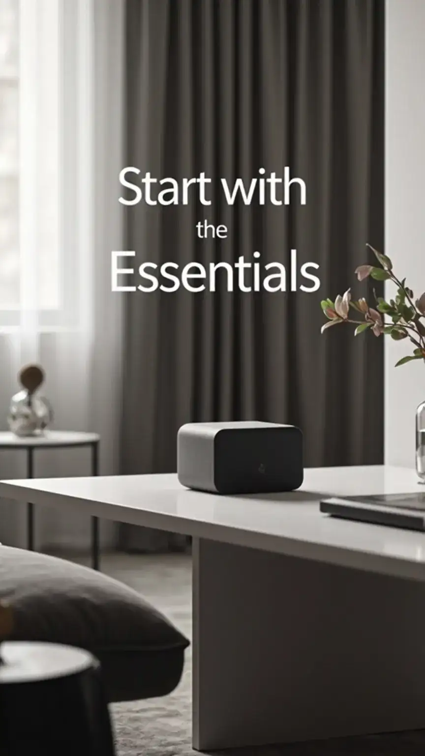Smart speaker in a modern living room, representing the essential smart home gadgets for men. Includes best home tech, smart devices, home automation.
