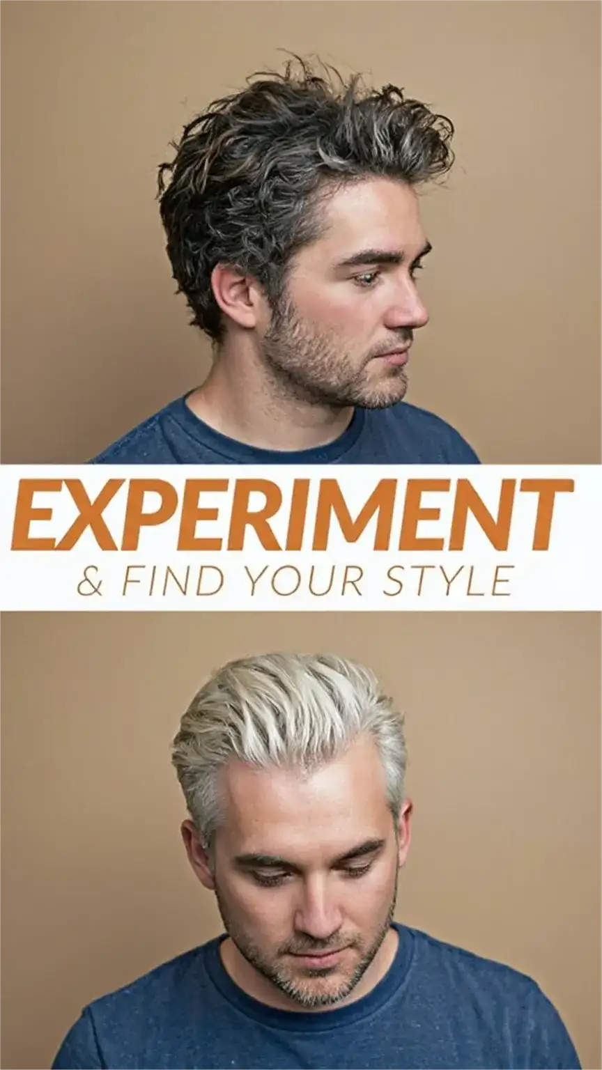 Variety of short men's hairstyles, encouraging experimentation with textures and looks. Keywords: men's short hair variations, find your hairstyle, experiment with hair.