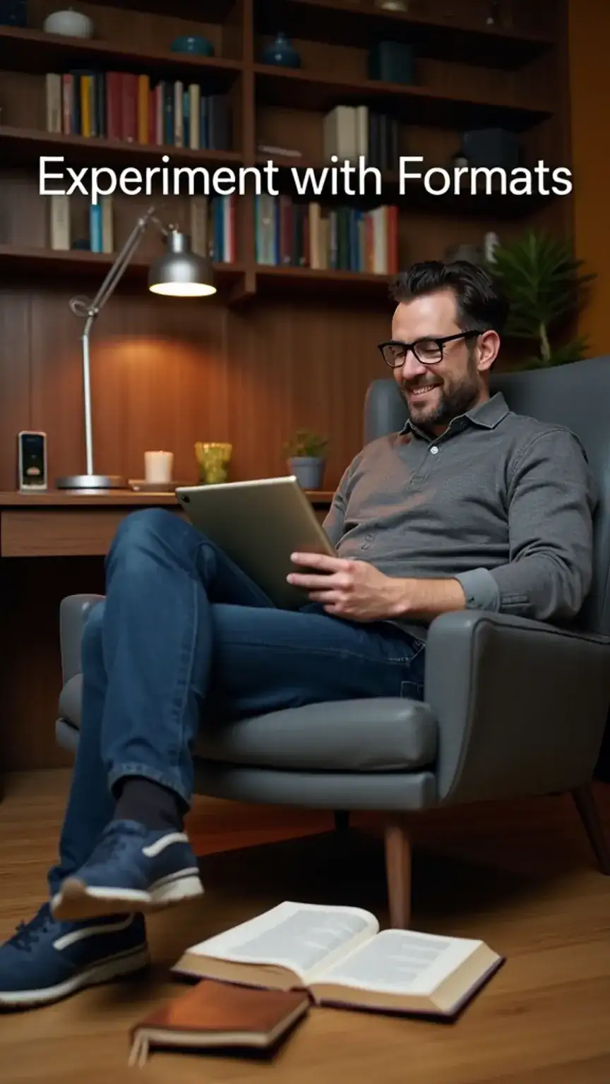 Man using e-book, audiobook, and physical book, demonstrating experimenting with reading formats, how to read more, and books for men.