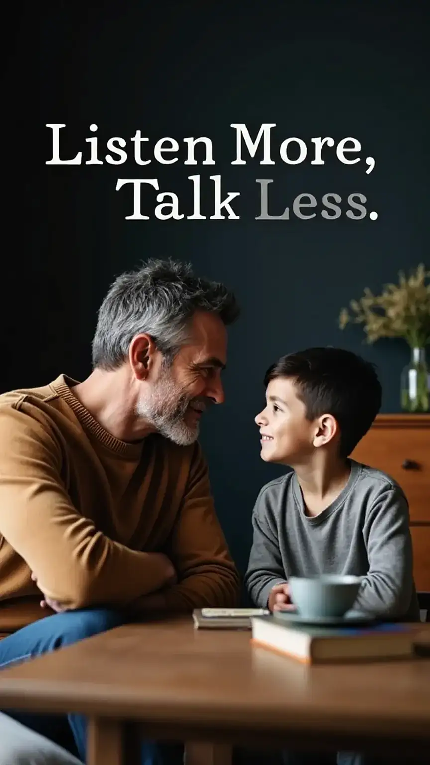 Father listening to son, father teen relationship, active listening skills, parenting advice, dad tips, fostering open communication, teen connection.