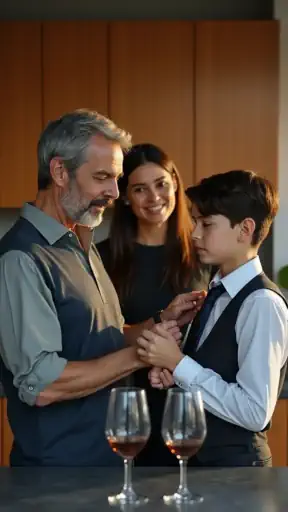 Gray-haired father teaching son to tie a tie while proud mother and sister watch, capturing family bonding and generational wisdom