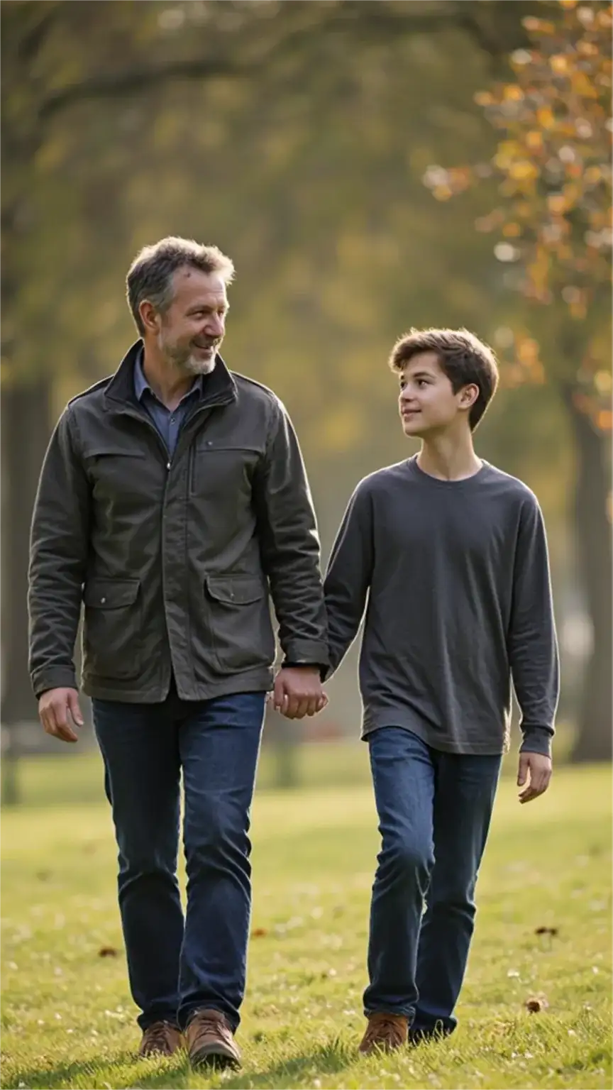 Father and son bonding during a walk, illustrating connection in parenting teenagers, fatherhood tips, and modern dad activities.