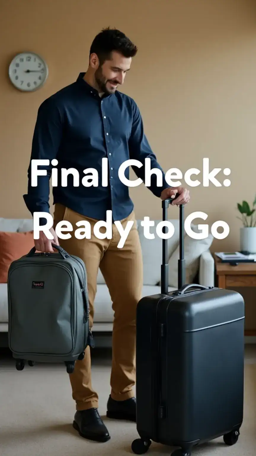 Man doing a final check of his packed travel bag, looking organized and ready. Final travel packing steps. Keywords: travel preparation, packing tips, men's travel gear, travel checklist.